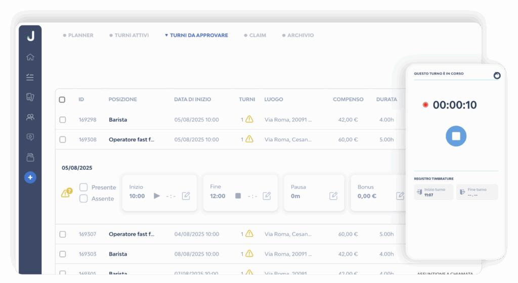 dashboard di Jobby con app timbratura virtuale