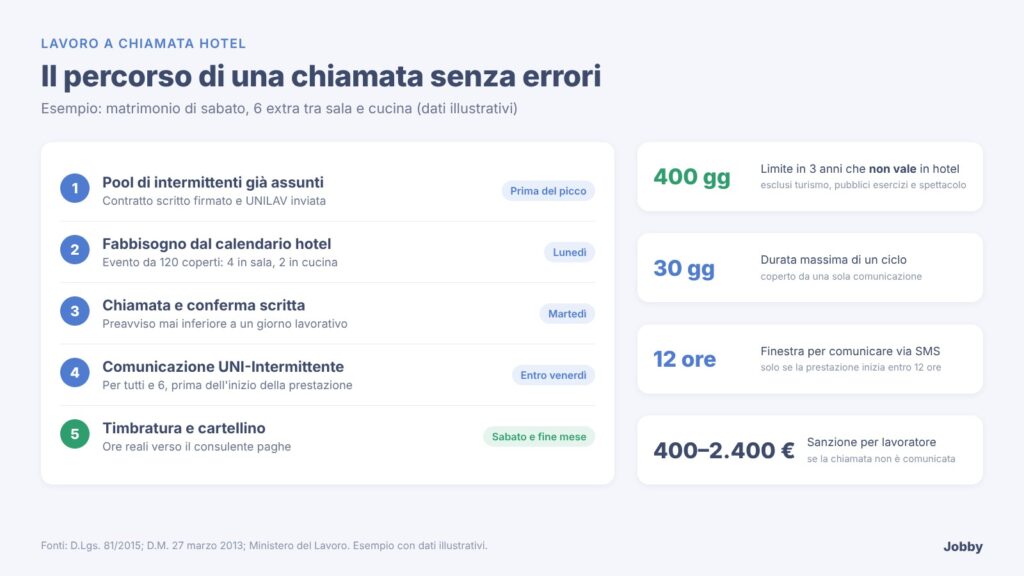 Lavoro a chiamata hotel: i 5 passi per gestire una chiamata senza errori, dalla comunicazione UNI-Intermittente alla timbratura